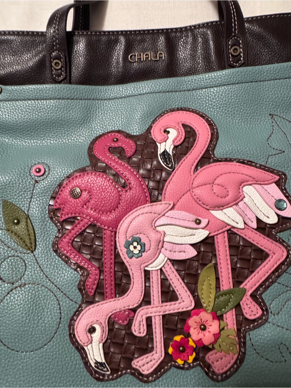 Chala Teal Tote with Pink Flamingo Applique and Dark Brown Trim - Picture 4 of 5